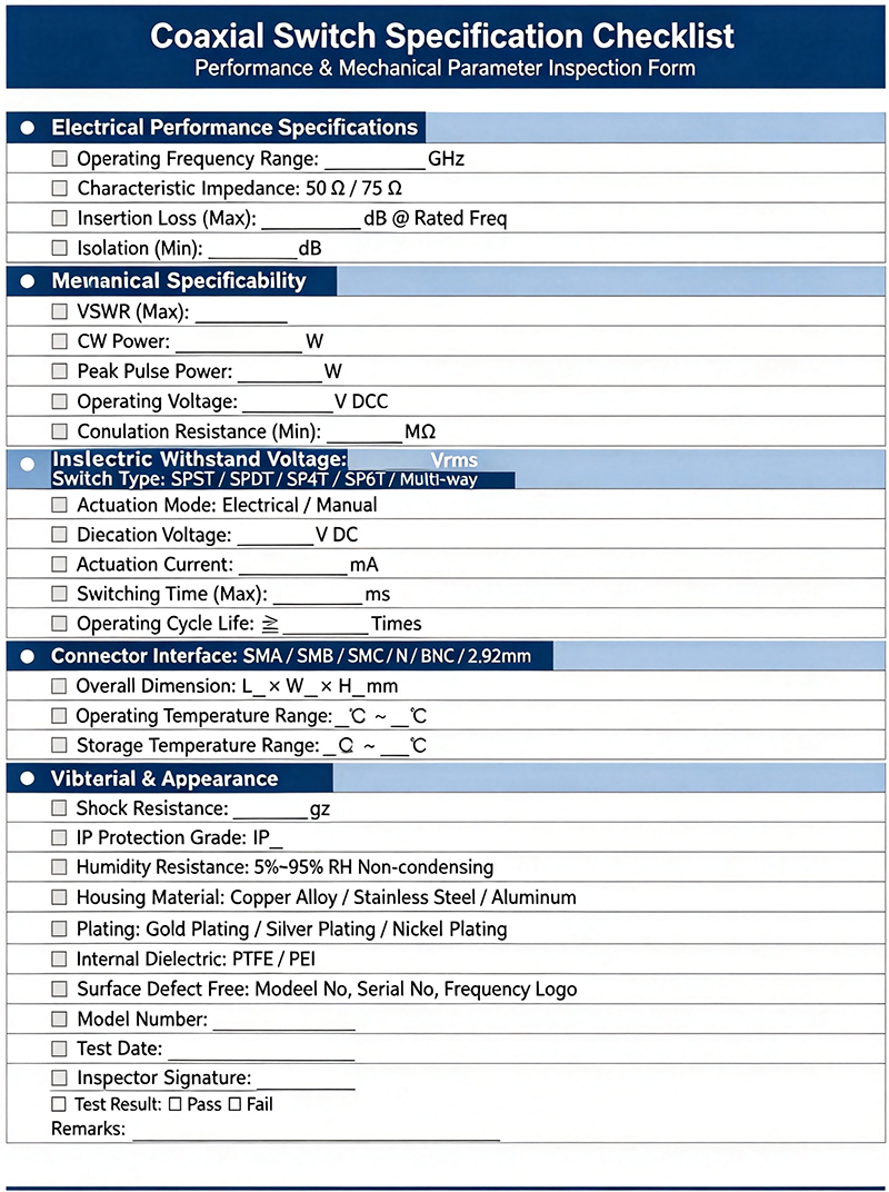 Coaxial Switch Specification Checklist
