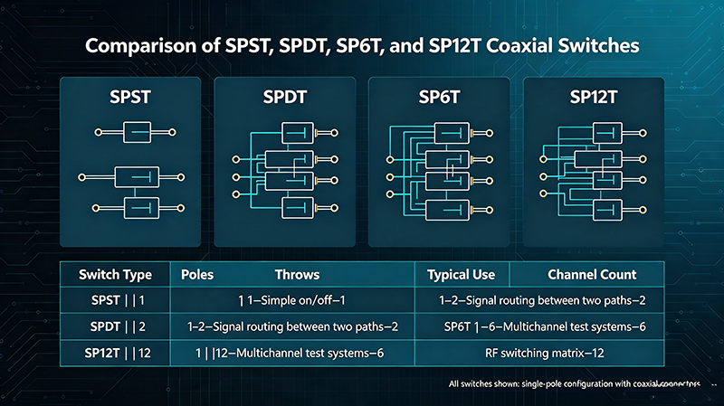 Comparison of SPST, SPDT, SP6T, and SP12T Coaxial Switches
